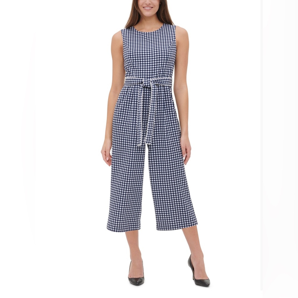 Tommy Hilfiger Blue & White Gingham-Print Cropped Jumpsuit Size 2